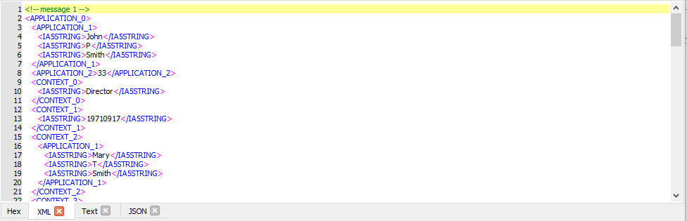 ASN1VE XML 탭에서 디코딩된 메시지를 XML 형식으로 표시한 화면