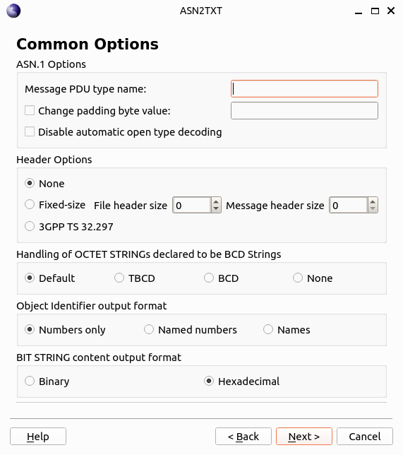 ASN2TXT Common Options 화면에서 PDU 이름, 헤더, BCD 문자열과 출력 형식을 설정하는 모습