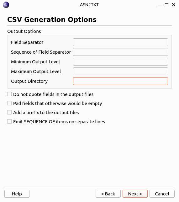 ASN2TXT CSV Generation Options 화면에서 필드 구분자, 출력 레벨과 CSV 출력 디렉터리를 설정하는 모습