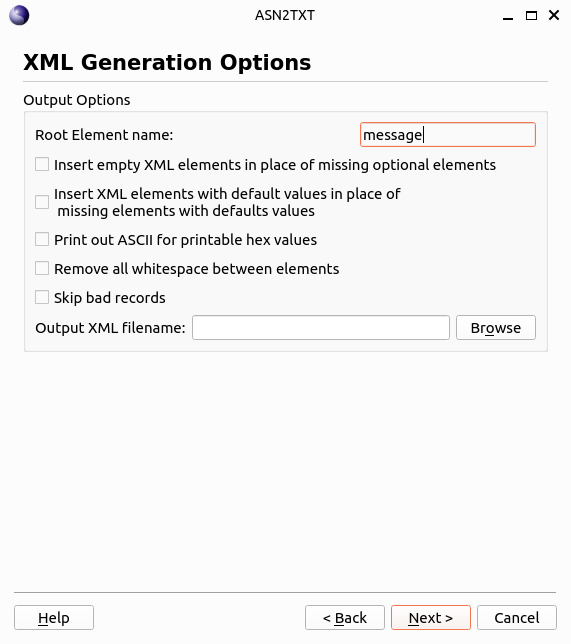 ASN2TXT XML Generation Options 화면에서 루트 요소 이름과 XML 생성 방식을 설정하는 모습